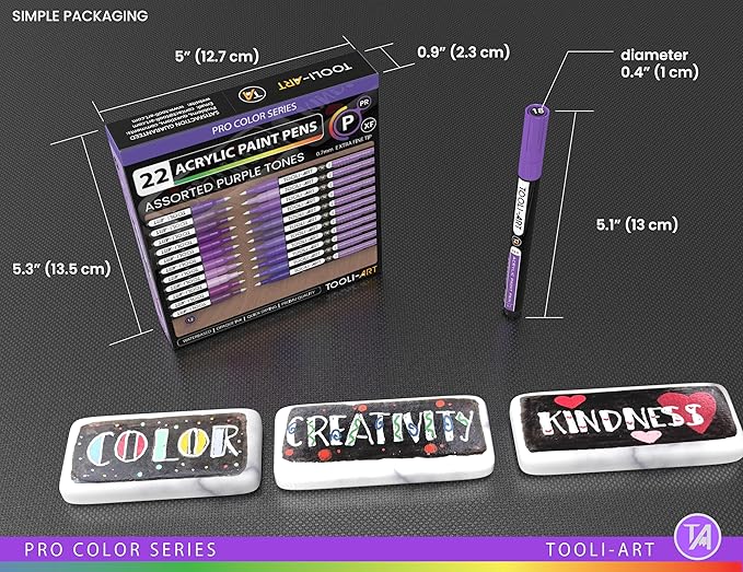 Acrylic Paint Pens 22 Purple Tones Assorted Pro Color Series Markers Set 0.7mm Extra Fine Tip for Rock Painting, Glass, Mugs, Wood, Metal, Canvas, Projects, Non Toxic, Waterbased, Quick Drying