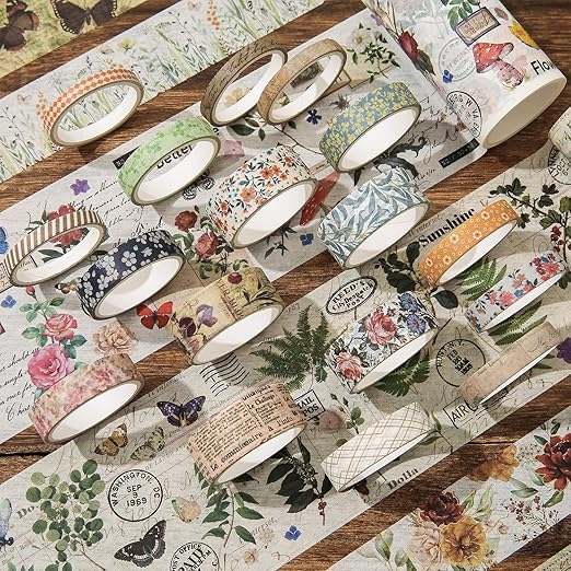 24 Rolls Vintage Washi Tape Set, Floral Letter Butterfly Mushroom Botanical Flower Writable Decorative Tapes for Scrapbooking , Junk Journal supplies, Bullet Journaling 5-75mm Wide 9.84ft long/Roll