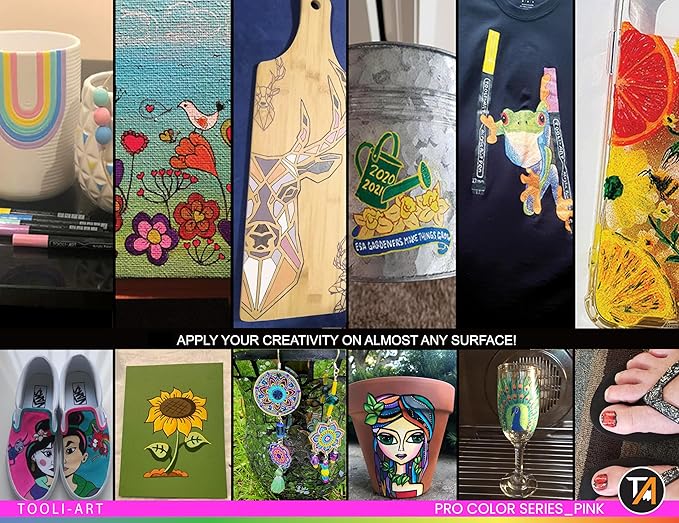 TOOLI-ART 22 Acrylic Paint Markers Paint Pens Pro Color Series Set 3mm Medium Tip for Rock Painting, Glass, Mugs, Wood, Metal, Glass Paint, Canvas, DIY. Non Toxic, Waterbased, Quick Drying (PINK)