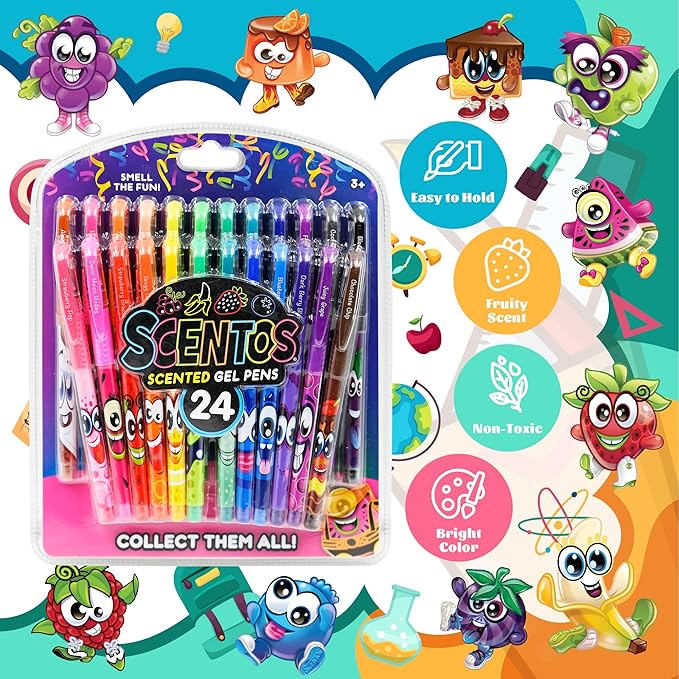 Scentos Scented Gel Pens Set – 24 Pack Neon Colors – Fine Tip Pens for Kids & Adults – Fruity Scents – Fun Art Supplies for Drawing, Coloring, Scrapbooking, Journaling & School