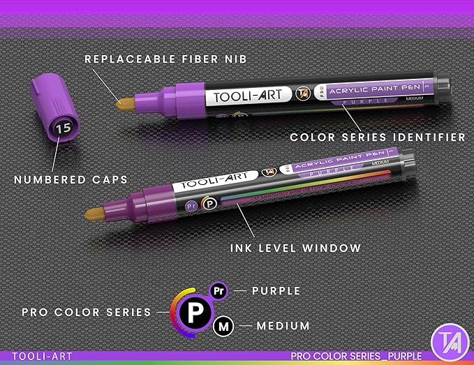 TOOLI-ART 22 Acrylic Paint Markers Paint Pens Pro Color Series Set 3mm Medium Tip for Rock Painting, Glass, Mugs, Wood, Metal, Glass Paint, Canvas, DIY. Non Toxic, Waterbased, Quick Drying (PURPLE)