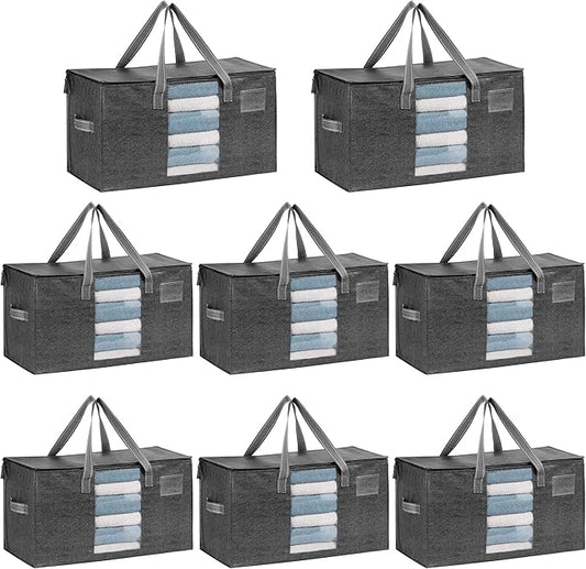 VENO 8 Pack Moving Bags, Comforter and Blanket Storage Bags for Closet, Moving Boxes, Boxes with Lids Alternative, College Dorm Packing Supplies, Foldable Heavy-Duty Tote with Window (Gray, 8 Pack)