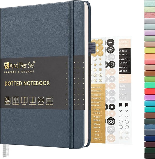 &And Per Se Dotted Journal Notebook, A5 Hardcover Bullet Dotted Journal, 160 Pages 100 gsm Thick Paper, 3 Sheets of Stickers Included - 5.7'' x 8''（Dark Blue）