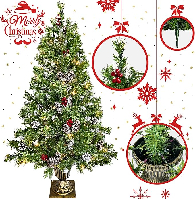 Merax Prelit Christmas Tree Set of 4pc, Set of 2 Artificial Potted Christmas Entrance Trees with Lights, Christmas Wreath, and 9FT Garland for Fireplace Front Porch Seasonal Holiday Decoration