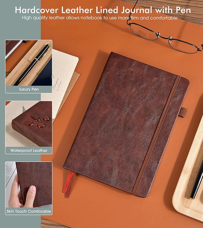Lined Journal Notebook for Men Women, 200 Numbered Pages Leather Hardcover Journal with Pen, A5 Journaling Notebooks, Thick Paper College Ruled Journals for Writing Work Business 5.75'' X 8.38'' Brown