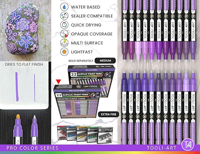 Acrylic Paint Pens 22 Purple Tones Assorted Pro Color Series Markers Set 0.7mm Extra Fine Tip for Rock Painting, Glass, Mugs, Wood, Metal, Canvas, Projects, Non Toxic, Waterbased, Quick Drying