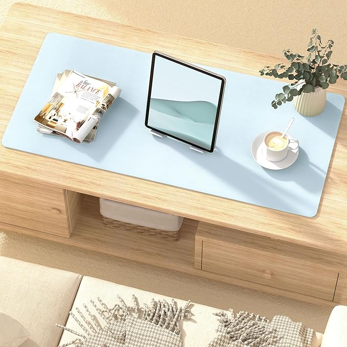 Leather Desk Pad Protector, Mouse Pad, Non-Slip Computer Mat for Desk, PU Leather Office Desk Mat for Home & Office, Waterproof Laptop Desk Blotter for Keyboard and Mouse, Baby Blue (15.7''X31.5'')
