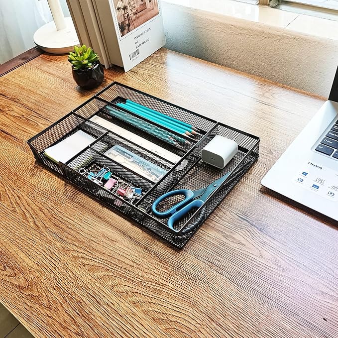 2-Pack Desk Drawer Organizers, 6-Compartment Metal Mesh Trays for Pens, Paper Clips, Office Supplies, Ventilated Storage Inserts for Home, Office, School, 12.6 x 8.27 x 1.57 Inches, Black