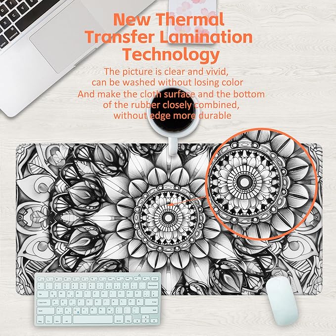 Large Gaming Mouse Pad for Desk, Black and White Mandala Desk Mat, Mandala Flower Desk Pad, 31.5"x15.7" Extended Big Computer Keyboard Mouse Pad with Non-Slip Base and Stitched Edge