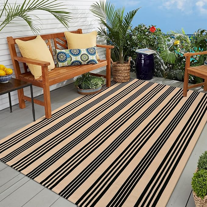 OJIA Outdoor Patio Rug 5'x7', Black and Tan Striped Outdoor Rugs Machine Washable Area Rugs Cotton Hand Woven Indoor Outdoor Rugs for Bedroom/Living Room/Front Porch/Deck/Backyard/Camping