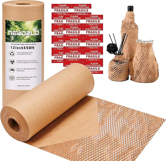Neworld Honeycomb Packing Paper,Eco Friendly Bubble Cushioning Wrap for Moving,Products & Gifts Wrapping Paper,Recyclable Cushioning Packing Material(12" x 50') With 20 Fragile Sticker Labels