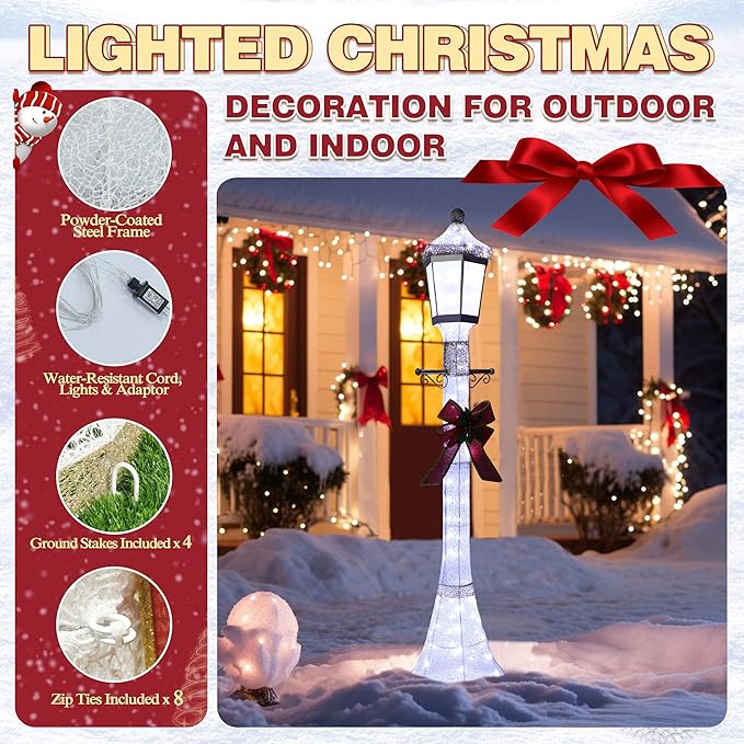 BlueWish 6FT Pre-Lit Freestanding Lamp Post for Christmas Decorations Outdoor, White Post Lamp with Removable Decorative Bow, Lighted Post Christmas Decoration with 120 LED Lights for Yard, Patio
