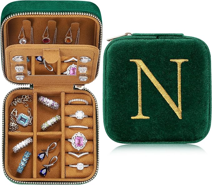 Parima Grandma Mothers Day - Grandma Gifts, Grandma Mothers Day Gift Ideas, Nana Gifts, Personalized Birthday Gifts for Grandma, Plush Velvet Personalized Jewelry Box Jewelry Case - Letter N, Green