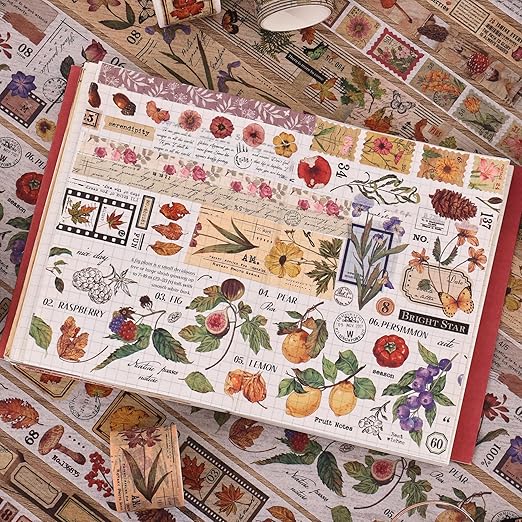 20 Rolls Vintage Washi Tape Set, Floral Letter Butterfly Mushroom Botanical Flower Writable Decorative Tapes for Scrapbooking , Junk Journal Supplies, Bullet Journaling 10-60mm Wide 6.56ft long/Roll
