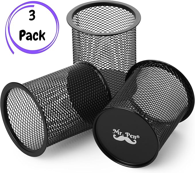 Mr. Pen- 3pcs Metal Mesh Pencil Cup Holder, Black Organizer for Desk, Pen Cups