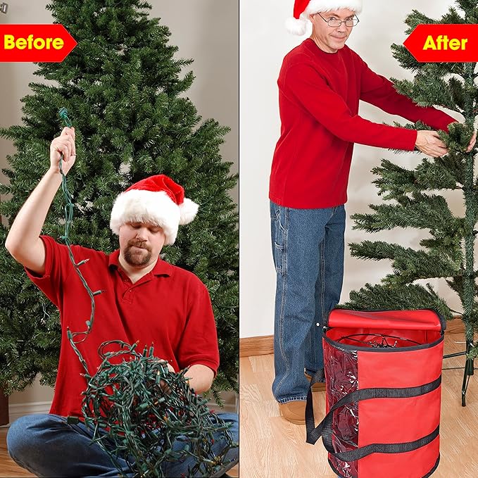 ProPik Christmas Light Storage Bag | Holiday Light Storage Organizer with 3 Metal Reels for Tree Lights & Extension Cords Constructed of Durable 600D Oxford Material with Clear PVC Window (Red)