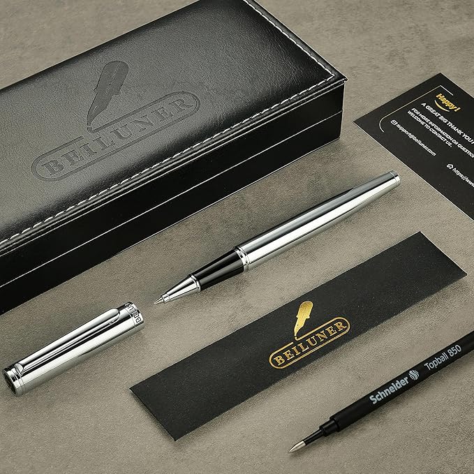 BEILUNER Luxury Silver Rollerball Pen, Stunning Bright Silver Chrome Finish,Noble and Elegant Designs,Schneider Ink Refill, Best Gift Pen for Men & Women, Professional, Executive Office, Fancy Pens