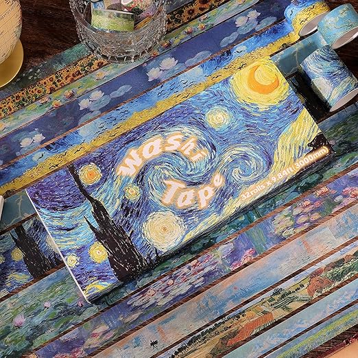 emmoolife 32 Rolls Washi Tape Set, Oil Painting Decorative Masking Tape, Van Gogh Adhesive Tape for Bullet Journal, DIY Crafts Gift, Party Decorations, Junk Journal, School Supplies