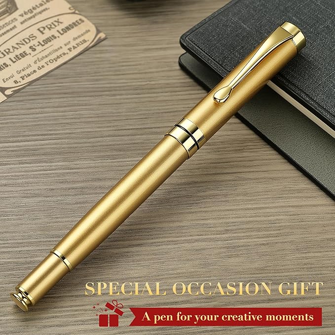 BEILUNER Ballpoint Pens, Stainless Steel with Chrome Trim, Luxury Golden Metal Pen Set, Best Ball Pen Gift Set for Men & Women, Professional, Executive, Office, Fancy Pens-Nice Box with Extra Refill