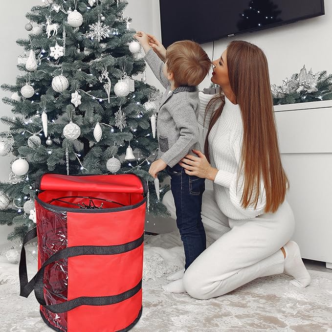 ProPik Christmas Light Storage Bag | Holiday Light Storage Organizer with 3 Metal Reels for Tree Lights & Extension Cords Constructed of Durable 600D Oxford Material with Clear PVC Window (Red)