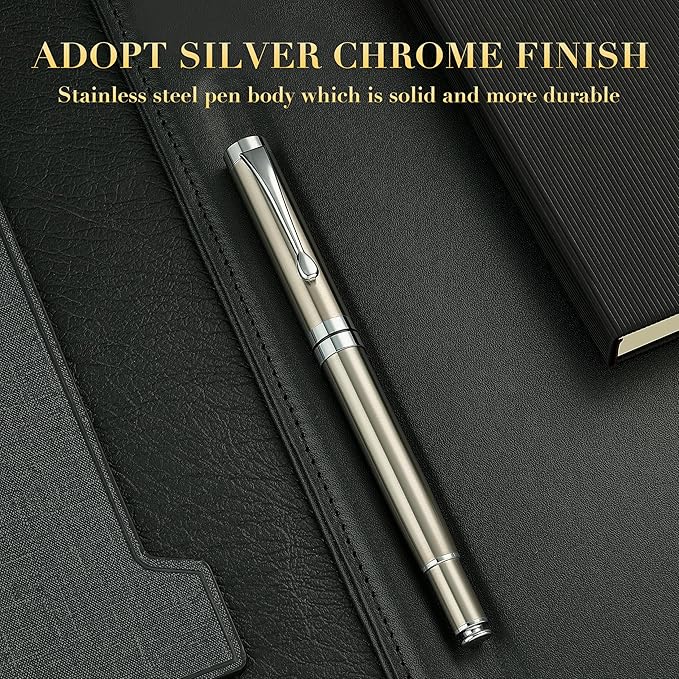 BEILUNER Silver Ballpoint Pens, Stainless Steel Body, Smooth Writing Experience, Dishwasher Safe, Gift Box with Extra Refill