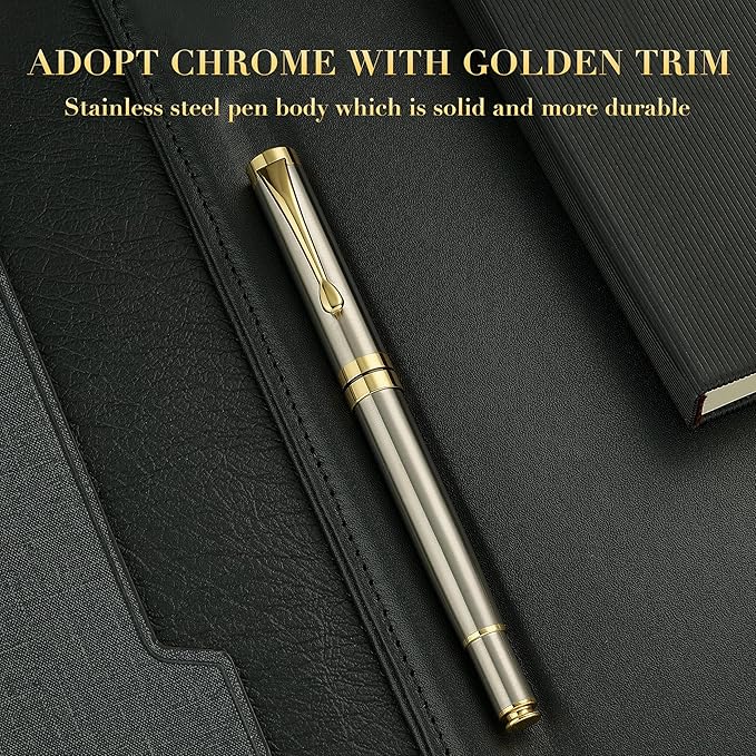 BEILUNER Ballpoint Pens, Stunning Silver Chrome Metal Pen with Golden Trim, Best Ball Pen Gift Set for Men & Women, Professional, Executive, Office, Nice Pens-Gift Box with 0.5mm Extra Black Refill