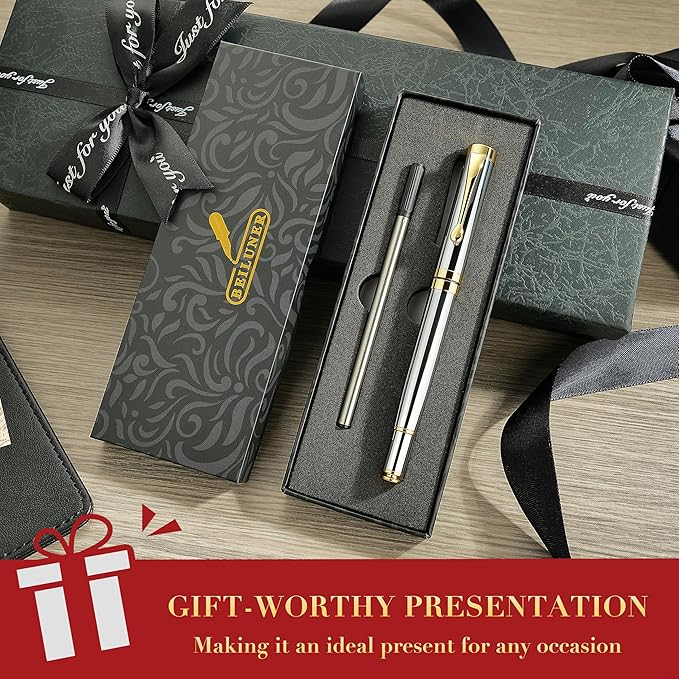 BEILUNER Personalized Ballpoint Pens, Stunning Bright Silver Chrome Metal Pen with Golden Trim, Fancy Ball Pen Gift Set for Men & Women, Graduation,Office, Nice Gift Box with 0.5mm Black Spare Refill