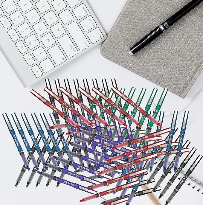 Precise V7 Stick Rolling Ball Pens, Fine Point (.7mm), Black Ink, 6-pk; Bundle with Plastic Reusable Pouch