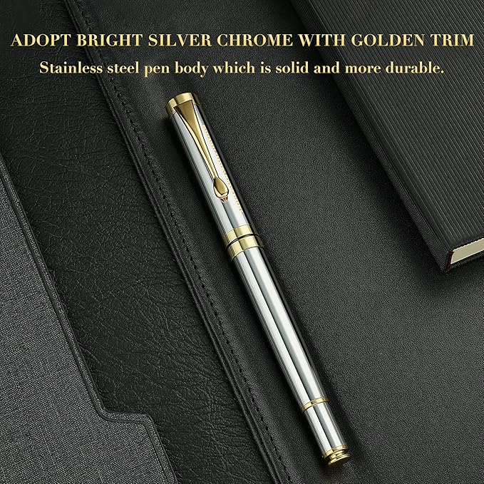 BEILUNER Personalized Ballpoint Pens, Stunning Bright Silver Chrome Metal Pen with Golden Trim, Fancy Ball Pen Gift Set for Men & Women, Graduation,Office, Nice Gift Box with 0.5mm Black Spare Refill
