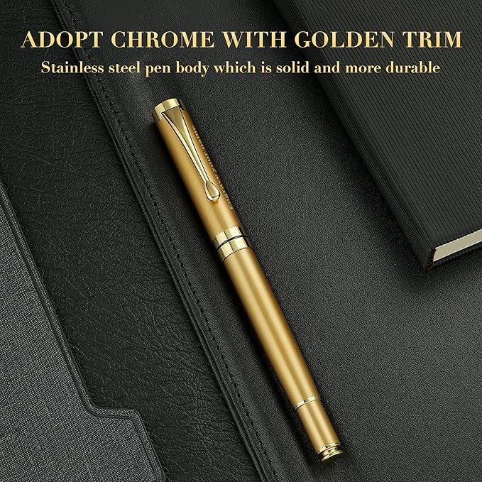 BEILUNER Personalized Ballpoint Pens, Stunning Bright Silver Chrome Metal Pen with Golden Trim, Fancy Ball Pen Gift Set for Men & Women, Graduation,Office, Nice Gift Box with 0.5mm Black Spare Refill