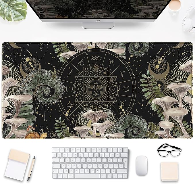 Moon Mushroom Gaming Desk Pad Cute Dark Tarot Mousemats Desk Mat, Forest Extended Large Anime Mouse Pad, Gamer Desk Decor Setup, Full Desk Mouse Keyboard Mat XXL, Laptop Desk Pad 31.5"x15.75"