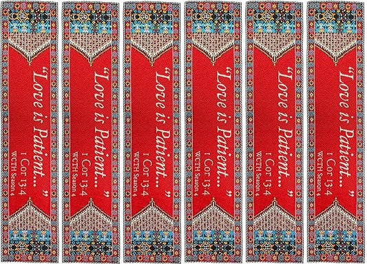 Love is Patient, Bulk Pack of 6 Woven Fabric Christian Bookmarks, Silky Soft 1 Corinthians 13:4 Flexible Bookmarker for Novels Books and Bibles, Religious Memory Verse Gift