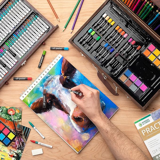 Norberg & Linden 144-Piece Art Set in Wooden Box with Drawer - Art Set for Adults, Teens, Kids - Premium Art Supplies - Includes Watercolors, Oil Pastels, Crayons, & More