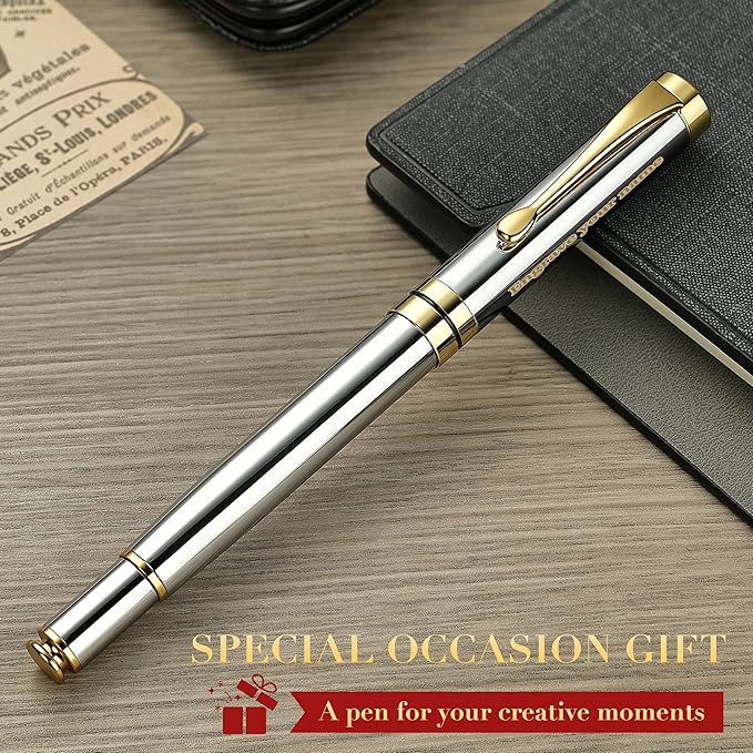 BEILUNER Personalized Ballpoint Pens, Stunning Bright Silver Chrome Metal Pen with Golden Trim, Fancy Ball Pen Gift Set for Men & Women, Graduation,Office, Nice Gift Box with 0.5mm Black Spare Refill